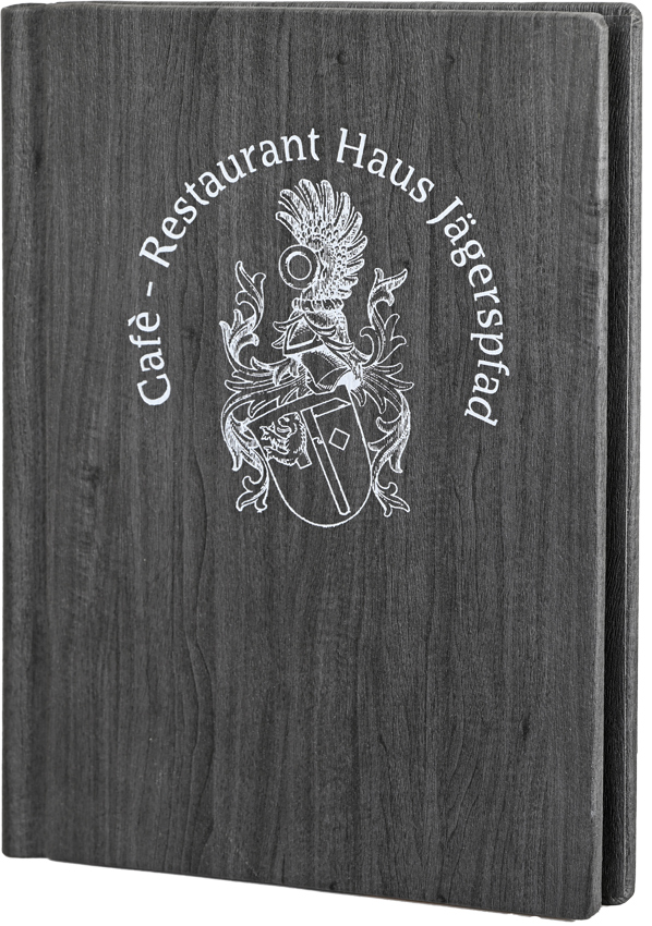 Speisekarte, Klemmbinder Ahorn Schwarz-Grau A4 Logo Hellgrau Jägerspfad